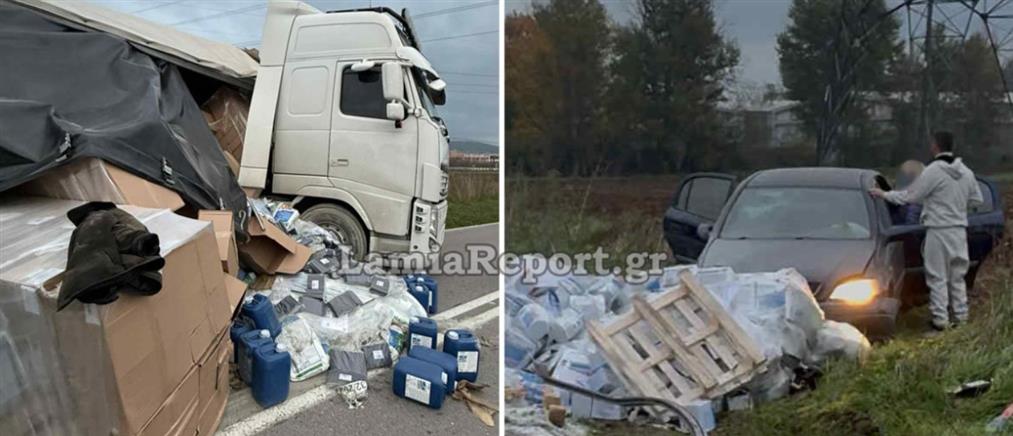 Εκτροπή νταλίκας πριν την έξοδο της Θήβας - Τσιμέντα και ορυκτέλαια έπεσαν στο οδόστρωμα (εικόνες)