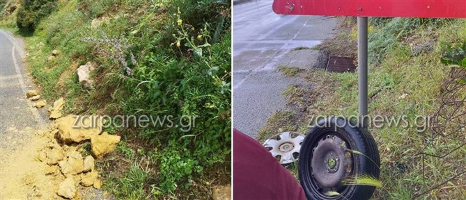 Χανιά: Βράχια έπεσαν πάνω σε αυτοκίνητο εν κινήσει (εικόνες)